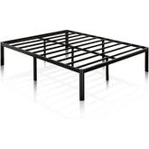 A black metal bed frame showcasing a minimalist design, perfect for contemporary bedroom decor.
